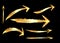 Set of different gold grunge brush arrows, pointers, isolated on black background. Golden arrow brush Stroke style, object