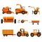 Set with different heavy machinery used in agriculture industry. Farm vehicle. Tractor, trailer, crawler, combine