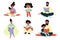 Set of different illustrations of African American parents and children reading a book. Vector