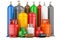 Set of different industrial liquefied gas cylinders, 3D rendering
