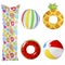 Set of different inflatable beach accessories for swimming on background