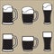 Set of different isolated beer mugs and glass with foam. Vector drink icon.
