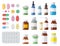 Set of different isolated, colorful pills and medical bottles