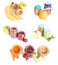 Set with different jars of baby food on background