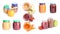 Set with different jars of baby food on background, banner design