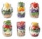 Set of different jars with healthy salads on background