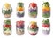 Set of different jars with healthy salads on background