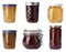 Set of different jars with jams on background