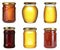 Set of different jars with organic honey on background