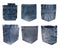 Set of different jeans pocket isolated on white background. Blue jeans back side pocket. Close up view denim texture, classic