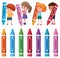 Set of different kids holding colour crayon sticks
