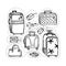 Set of different kinds of luggage, hand-drawn doodle in sketch style. Vector illustration. Large and small suitcase