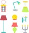 Set of different lamps. Furniture and floor lamps and table lamps.