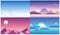 Set of different landscapes. Mountain landscape flat vector illustration. Picturesque mountains, river and trees in