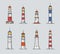 Set of different lighthouse. Colorful vector illustration collection in lineart style on gray background.