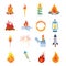 Set of different lights, flames. Campfires for hiking, camping, tourism.