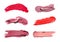 Set of different lipstick swatches on white, top view