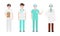 Set of different male doctors and nurses in medical attire engaged in their work. Vector illustration in flat cartoon