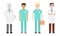 Set of different male doctors and nurses in medical attire engaged in their work. Vector illustration in flat cartoon