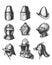 Set of different medieval military helmets