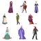 Set of different medieval people in colorful clothes or costume