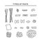 Set different pasta products line doodle icons. Varieties shape carbohydrate food vector sketch black isolated