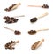 Set of different peppercorns on white background