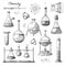 Set of different pharmaceutical flasks, beakers and test tubes. A sketch of chemical laboratory objects