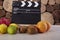 Set of different piles of fruits over Wooden background. Health