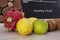 Set of different piles of fruits over Wooden background. Health