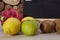 Set of different piles of fruits over Wooden background. Health