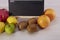 Set of different piles of fruits over Wooden background. Health