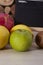 Set of different piles of fruits over Wooden background. Health