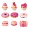 Set with different pink sweets, muffins, donats and macaroons isolated on white background. Illustration can be used for