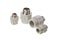 Set of different plastic PPR straight metal male thread fitting for water pipes, isolated on white background