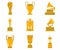 Set of different premium golden trophy cups such as Football Championship of France, Golden cup trophy winner award, Grammy trophy