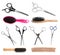 Set of different professional hairdresser scissors, brushes and combs on background