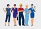 A set of different professions. Hairdresser, business woman, builder, nurse and stewardess stand together