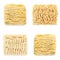Set of different quick cooking noodles on white background