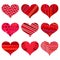Set of different red hearts. Nine hearts isolated on a white background.