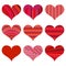 Set of different red hearts. Nine hearts on a white background