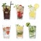 Set with different refreshing cocktails on background