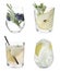 Set with different refreshing cocktails on background