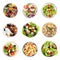 Set with different salads on background, top view