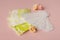 Set of different sanitary napkins on pink background. Concept of critical days, menstruation