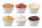 Set of different sauces on white