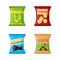 Set of different snacks - salty chips, cracker, chocolate sticks, nuts isolated on white background. Product for vending