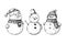 Set of different snowmen isolated on white background. Sketch