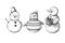 Set of different snowmen isolated on white background. Sketch