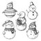 Set of different snowmen isolated on white background. Sketch